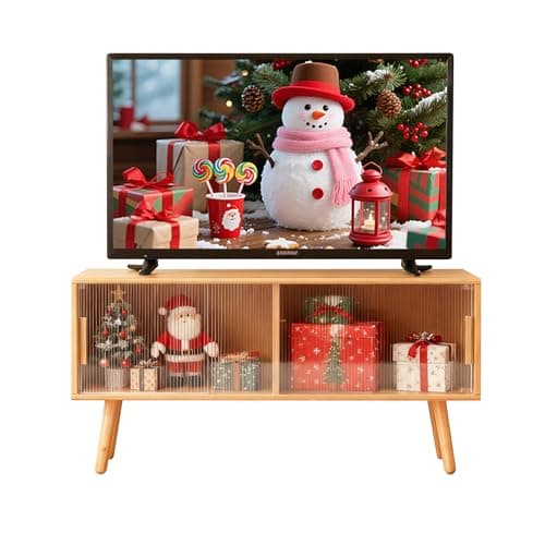 Baveke Bamboo TV Stand for TVs up to 50 Inches, Entertainment Center with 2 Sliding Acrylic Doors for Gaming Console, Modern Accent TV Console Cabinet for Living Room Bedroom (39.4) - Image 1