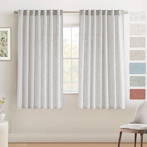 PrinceDeco White Linen Back Tab Curtains 63 Inches Long for Living Room Semi Sheer Light Filtering Linen Drapes Farmhouse Modern Window Pinch Pleated Look Curtain Provide Privacy,2 Panel Set - Image 1