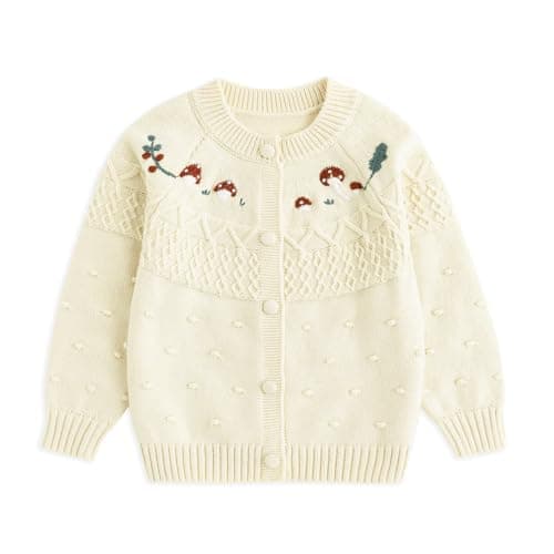 Simplee kids Toddler Sweater Little Girl Cable Knitted Cardigan Mushroom Embroidery Jacket for Spring and Fall Size 2-3 Years Apricot - Image 1