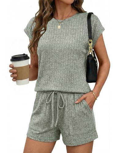 Ekouaer Rompers for Women Summer Casual Cap Sleeve Crewneck Short Pants Jumpsuit Beach Vacation Outfit with Pockets Ice Green XXL - Image 1