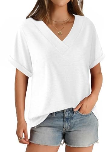 GKBK Womens Short Sleeve T Shirts V Neck Loose Fit Shirts Summer Casual Basic Tee Tops White XL - Image 1