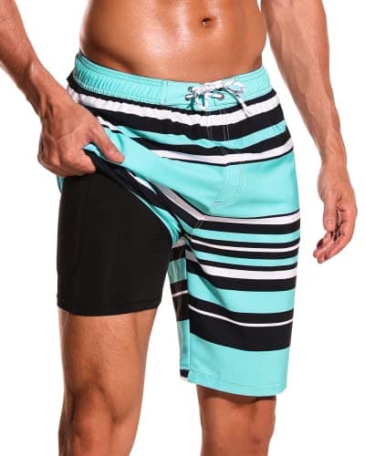 SILKWORLD Mens Swim Trunks 9" Quick Dry Bathing Suit with Compression Liner and Zip Pockets Hawaii Striped Summer Sports Shorts, Sky Blue+Navy+White, Small - Image 1