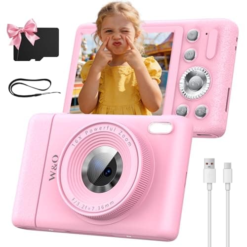 W & O Digital Camera,Kids Camera,Point and Shoot Digital Cameras for Kids,with 2.8" LCD Screen,64MP,16X Zoom,Built-in Game & SD Card for Boys & Girls(Sakura Pink) - Image 1