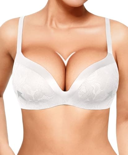 Push Up Lace Bralettes for Women No Underwire Wireless Bras with Support and Lift Deep V Comfortable Padded Bra 3D Molded White - Image 1