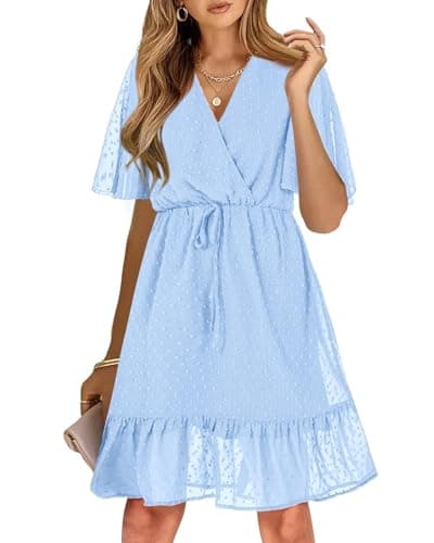 KIRUNDO Womens Summer Dresses 2026 Casual Spring Short Sleeve V Neck Ruffle Swiss Dot High Waist Belted Flowy Mini Dress, Style2-light Blue, Large - Image 1
