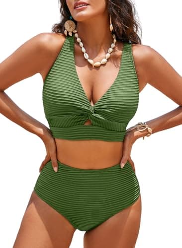 Herseas Womens 2 Piece Bikini Sets High Waisted V Neck Twist Front Top Plus Size Swim Suits 2026 Summer Textured Crisscross Back Sexy Bathing Suits Casual Cruise Outfits Green XX-Large - Image 1