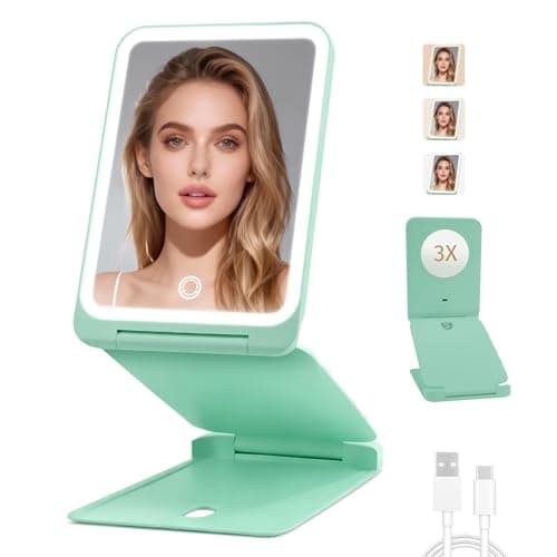 INFOOD Travel Makeup Mirror - Rechargeable LED Vanity Mirror 7.8x5 Inches with 1X/3X Magnifying, 3 Color Dimmable Light, Touch Screen, Foldable Design with Stand, Portable for Travel, Mint Green - Image 1