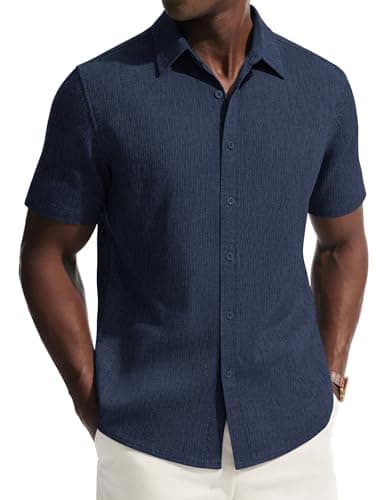 PJ PAUL JONES Mens Short Sleeve Button Down Shirt Casual Summer Shirts Textured Beach Vacation Shirts for Men Navy - Image 1