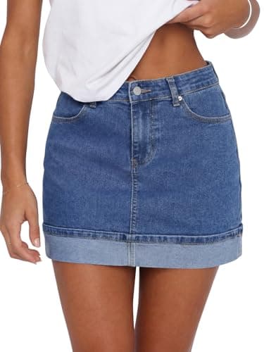 Tankaneo Womens High Waisted Mini Denim Skirt Summer Stretch Folded Hem Trendy Y2K Bodycon Jean Skirts Blue - Image 1