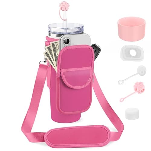 BOCMTR Water Bottle Holder with Strap for Stanley 30/40 oz Tumbler, Fashion Stanley Cup Bag with Big Phone Pocket, Silicone Boot, Straw Cover & Leak Proof Stoppers (Pink) - Image 1