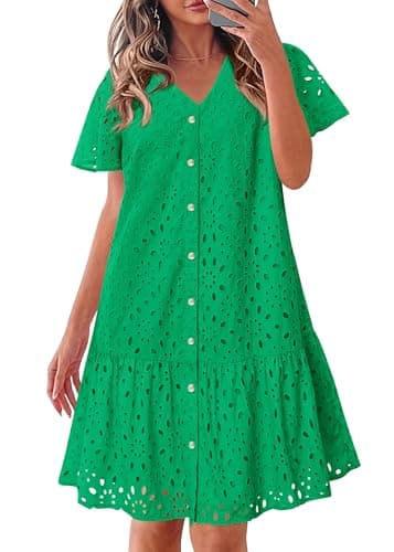 KIRUNDO Eyelet Dresses for Women 2026 Spring Summer Short Sleeve Button Down Loose Mini Babydoll Dress Beach Vacation Clothes(Green, Medium) - Image 1