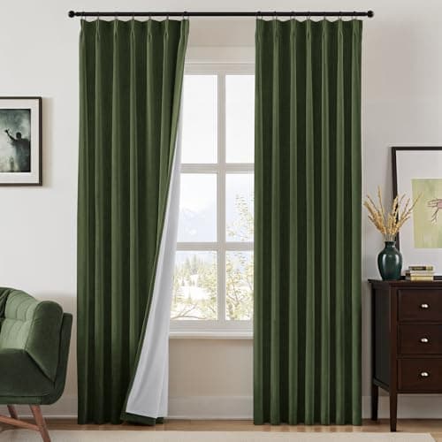 HOMEIDEAS Olive Green Pinch Pleated Curtains 100% Blackout,Linen Blend Luxury Thermal Insulated with Adjustable Hooks, for Living Room Bedroom Modern Farmhouse Decor, 40" Wx84 L 2 Panels - Image 1