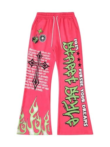 VIPWOLF Men's Wide Leg Sweatpants Baggy Flared Sweatpants Y2K Letter Graphic Drawstring Waist Joggers Pants Streetwear Hot Pink Large - Image 1