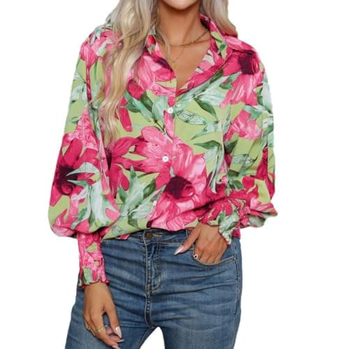 Mincib Women's Floral Print Blouse Long Sleeve Button Down Shirts Casual Dressy Blouse Shirts Tops(02Red,S) - Image 1