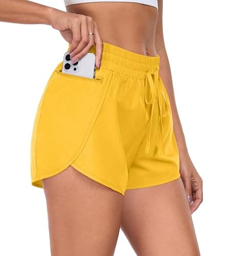 PrinStory Womens Athletic Shorts High Waisted Running Quick Dry Gym Workout Shorts with Zipper Pockets Golden Yellow-S-FBA - Image 1