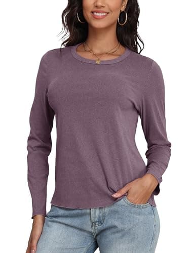 COCOMARTS Womens Long Sleeve Crewneck Knit Basic Tops Loose Casual Shirt 2025 Fall Winter Outdoor Thermal Undershirts Purple Small - Image 1