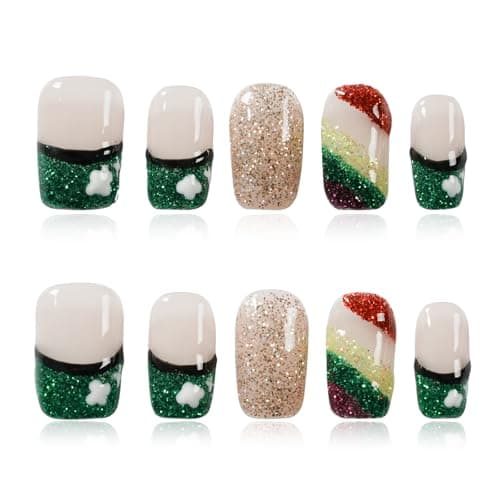 Tesytto St. Patrick's Day Press on Nails - Short Coffin Fake Nails with Cute Four Leaf Clover & Rainbow Designs, Glitter Green French Tip Nails Thick Acrylic Nails for Women (Gilded Fingertips, L) - Image 1