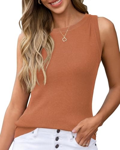 Arach&Cloz 2026 Women's Tank Tops Cashmere Summer Fall Sleeveless Vest Crew Neck Soft Sweater Cute Fashion Dressy Business Casual Outfits Knit Trendy Shirts Work Teacher Clothes Dark Orange M - Image 1