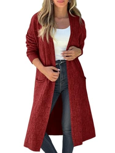 Saodimallsu Womens Long Cardigan Sweaters 2025 Oversized Open Front Checkerked Sweater Trendy Knit Jacket with Pockets Burgundy - Image 1