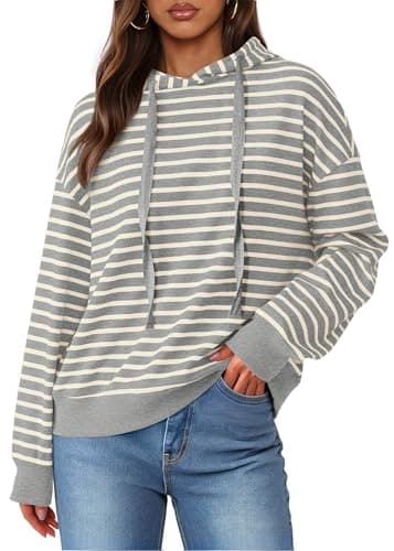 KIRUNDO Sweatshirt For Women Casual Loose Striped Long Sleeve Drawstring Hoodie Pullover Hooded Tops Fashion Clothing(Grey, Large) - Image 1