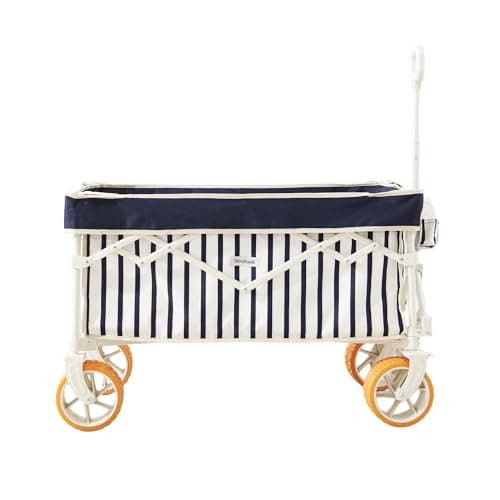 DEER LAND Beach Wagon Cart with Big 6.7" Fat Tires, Foldable Sand Wagon for Beach, Camping & Outdoor Use – Large Capacity, Easy Pull Design, Heritage Navy Stripe - Image 1