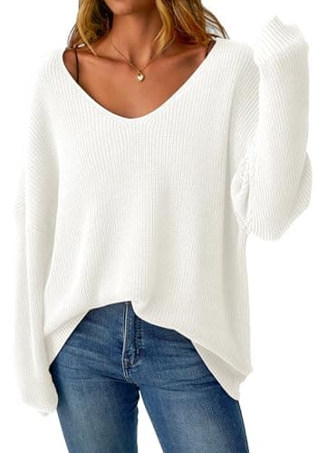 GKBK Women's V Neck Oversized Sweaters Off The Shoulder Long Sleeve Sweater Loose Fit Lightweight Soft Pullover Fall Fashion Outfits 2026 Trendy White - Image 1