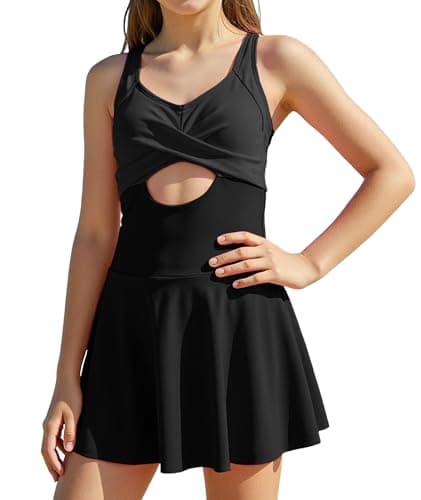 MFAVIP Girls One Piece Swimsuits Classic Black Girl Swimsuits with Ruffle Skirt Removable Pads Adjustable Straps Size 9-16 - Image 1