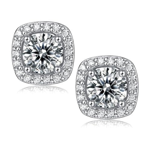 Ve Celestelle Moissanite Square Halo Stud Earrings 0.5-2CT D Color VVS1 Clarity Lab-Created 18K Gold Plated 925 Sterling Silver Hypoallergenic Earrings for Women Men Wedding Valentine’s Gift (White Gold, 2 carats-(1ct*2)-10mm) - Image 1