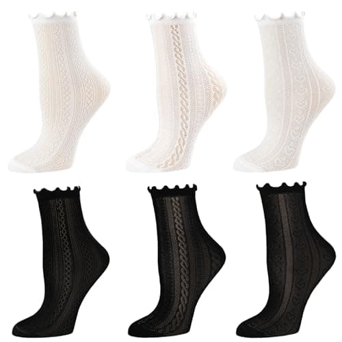 VIBYCICY VIBCICY 6Packs Lace Socks for Women Ankle Ruffle, Sheer Mesh Pattern with Frilly Socks, Thin Cotton for Women - Image 1