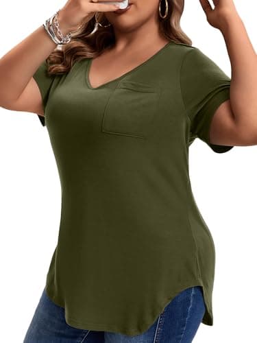 MK Shop Limited Plus Size T Shirts for Women Loose Short Sleeve V Neck Side Slit Curved Hem Sexy Summer Tops Casual Tees Army Green 3XL - Image 1