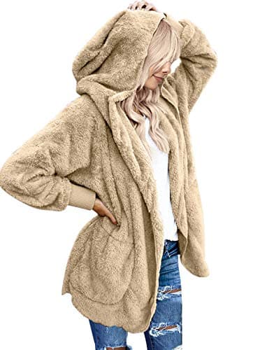 LookbookStore Womens Cardigan 2026 Winter Oversized Open Front Fleece Hooded Draped Pockets Jacket Coats Apricot Large - Image 1