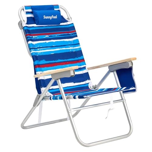 SUNNYFEEL Tall Beach Chair, Reclining Beach Chair with 5-Position, Portable Camping Chair for Adults with Wood Armrest, Lightweight Camping Chair 300 lbs Heavy Duty, Blue Stripe - Image 1