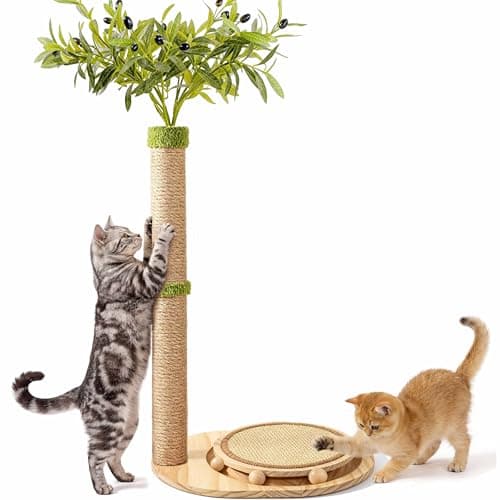 Catails 39" Tall Cat Scratching Post, Cute Olive Cat Scratcher, Interactive Cat Toys with Ball Track & Spring Ball, Sturdy Cat Scratch Post with Pad for Indoor Cats Adults and Kittens - Image 1