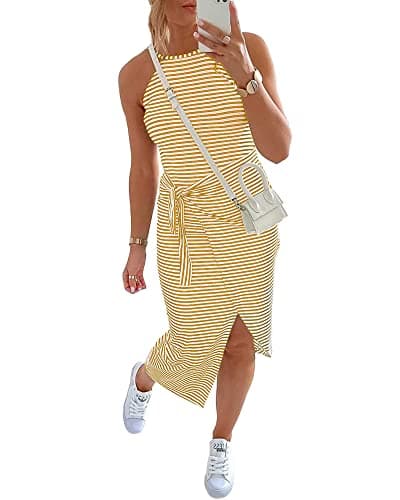 NOLLSOM Women Casual Sleeveless Striped Bodycon Tank Midi Dresses Crew Neck Ruched Tie Waist Elegant T Shirt Summer Dress (Small, Striped Yellow) - Image 1
