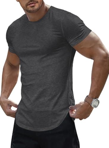 JMIERR Mens Short Sleeve Athletic T Shirt Muscle Slim Fitted Crewneck Longline Tees Shirts for Gym Workout Running, US 38(S), Dark Grey - Image 1
