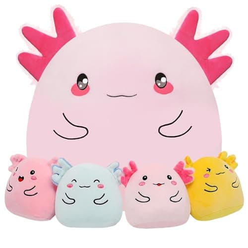 Axolotl Plush with 4 Babies Inside - 13 Inch Mommy Axolotl Plush Interactive 4 Colorful Baby in Tummy 5-Piece Cute Big Axolotls Adopt Toy Plushies for Girls Boys 0-8 Kids Birthday Baby ShowerGift