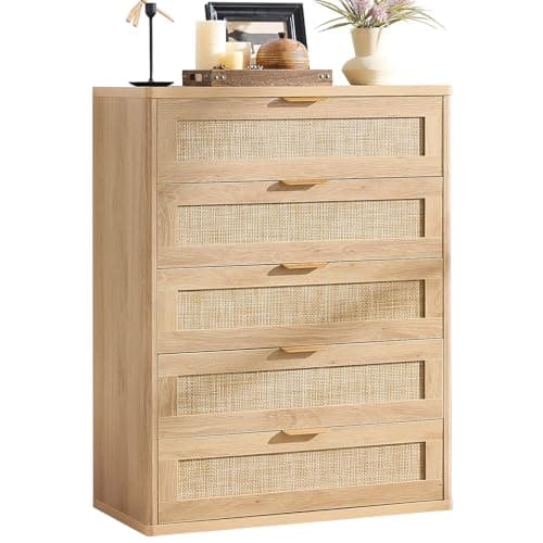 LEYAOYAO Rattan Dresser for Bedroom, 41" Tall Chest of Drawers, Modern 5 Drawers Boho Dressers with Storage, Light Oak Dresser Wooden Closet Organizer for Living Room, Hallway, Natural Wood - Image 1