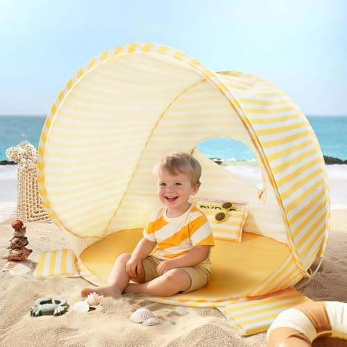 Tiny Land Baby Beach Tent – Pop Up Baby Tent with UV Protection, Portable Baby Beach Essentials, 35.4"x27.6"x31.5" Sun Shelter for Infants, Baby Summer Outdoor Use (Pastel Yellow Stripes)