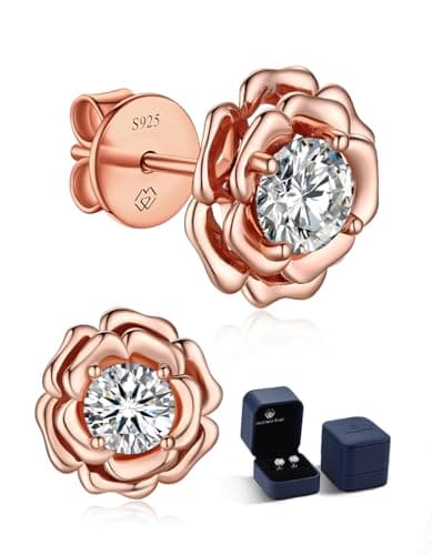 MomentWish Flower Earrings for Women, Mother's Day Gift for Her, 1Carat Moissanite Stud Earrings, Simulated Diamond 14K Rose Gold Plated S925 Sterling Silver Studs - Image 1