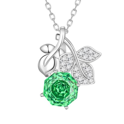 Aurora Tears Birthstone Rose Pendant Necklace - 925 Sterling Silver May Emerald Rose Cut Cubic Zirconia Flower Leaf Necklace Anniversary Birthday Jewelry Gift for Women Wife Mom Daughter DP0389G - Image 1