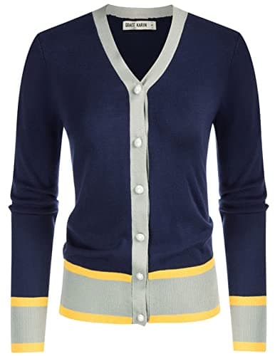 GRACE KARIN Womens Cardigans Lightweight Long Sleeve Knit Sweaters Solid Color Cardigans Sweaters(Contrast Dark Blue,M) - Image 1