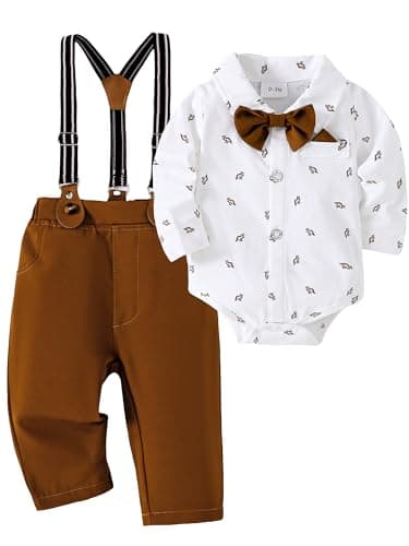 AMAWMW Baby Boy Suit 0-18M Gentleman Outfit Dinosaur Clothes Set Long Sleeve Dress Shirt Suspender Pants Wedding Clothes, Brown, 3-6 Months - Image 1