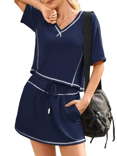 Alealiy Womens 2 Piece Outfits Summer Skirt Sets Casual Short Sleeve Tops Matching Skort Going Out Lounge Set Navy Blue 2XL - Image 1