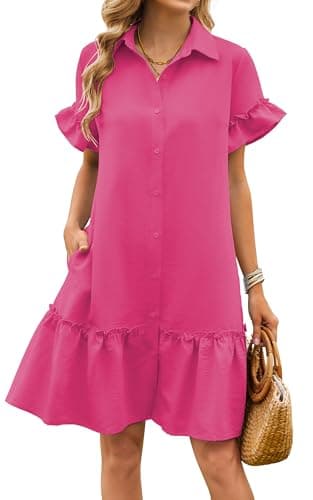 Women's Summer Dresses Casual V Neck Button Down 3/4 Sleeve Floral Print Loose Flowy Shirt Dress 06 Rose Red L - Image 1