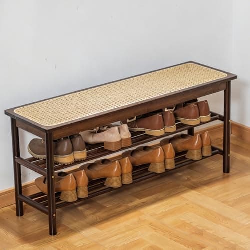 latifolia Shoe Rack Bench, 3-Tier Bamboo Shoe Bench with Breathable Rattan Seat Cushion, Shoe Storage Rack for Entryway(Walnut,39.70''L) - Image 1
