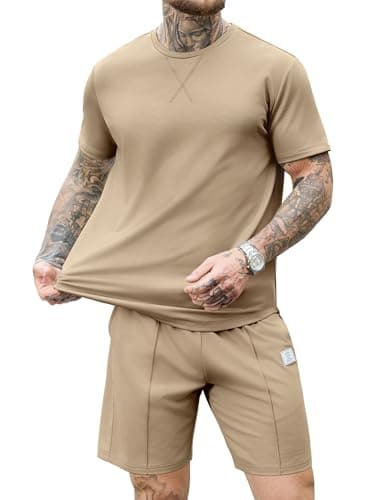JEMLDL Men's Outfits 2 Piece Summer Set Loungewear Comfortable Travel Short Sleeve Shirt & Shorts Casual Lounge Sweatsuit Taupe M - Image 1