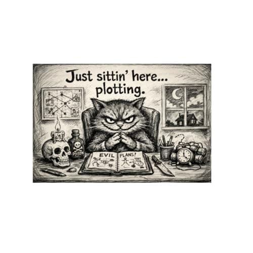 Just Sittin Here Plotting Metal Tin Sign Dark Humor Cat Artwork Funny Bathroom Wall Decor Gothic Sketch Style Plaque Restroom Home Office Gift 8x12 Inch Pre Drilled Hanging Art - Image 1