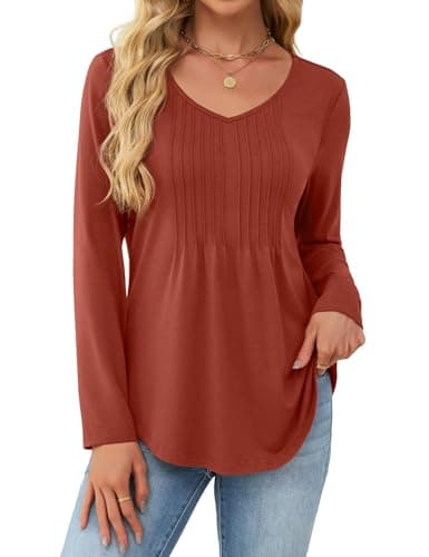 JUSTFASHIONNOW Long Sleeve Shirts for Women Fall Tops Pleated Dressy Casual Blouses V Neck Loose Fit Tunic Tops to Wear with Leggings Winter Clothes (Caramel, Large) - Image 1