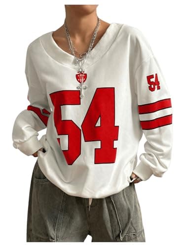 MakeMeChic Women's Number Print Oversized Sweatshirt V Neck Stripe Long Sleeve Y2k Pullovers Top Red Medium - Image 1