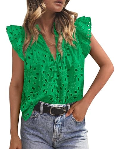 PRETTYGARDEN Womens Summer Tops 2026 Dressy Casual Ruffle Cap Sleeve Button V Neck Embroidered Eyelet Blouses Shirts(Green,Small) - Image 1